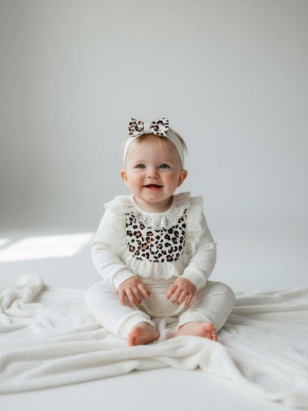 Kız Bebek Pamuklu Leopar Desenli Bandanalı Patiksiz Tulum