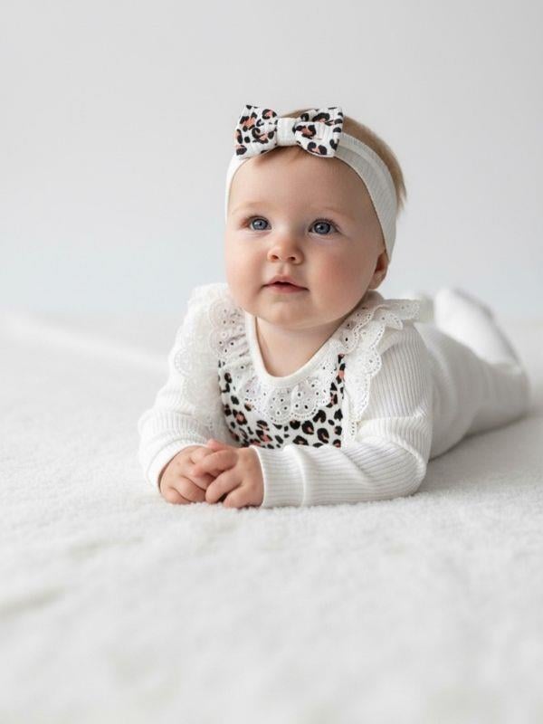 Kız Bebek Pamuklu Leopar Desenli Bandanalı Patiksiz Tulum