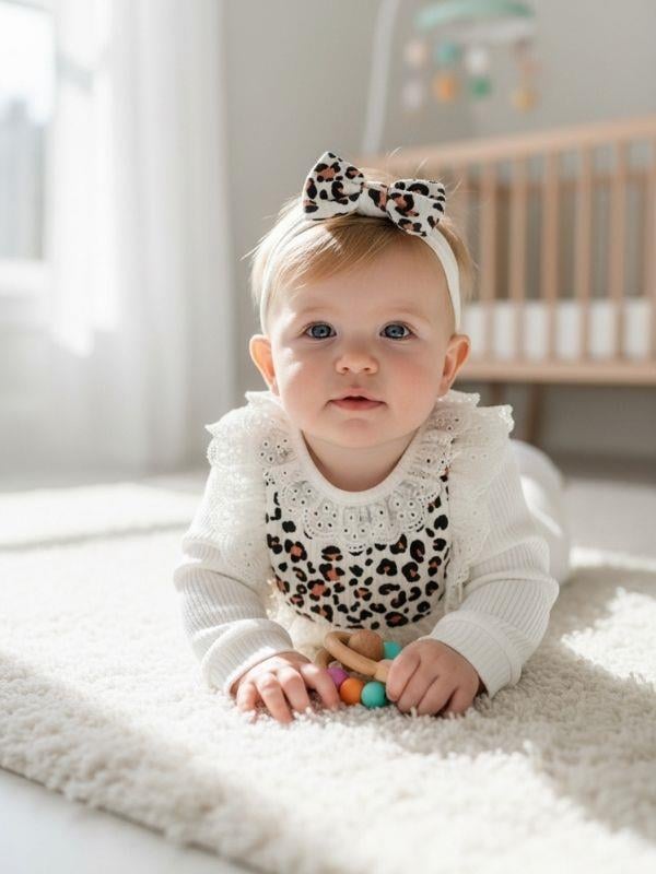 Kız Bebek Pamuklu Leopar Desenli Bandanalı Patiksiz Tulum