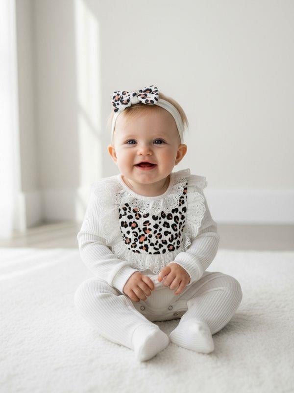 Kız Bebek Pamuklu Leopar Desenli Bandanalı Patiksiz Tulum
