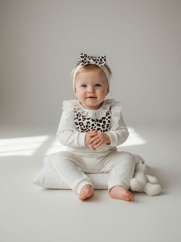 Kız Bebek Pamuklu Leopar Desenli Bandanalı Patiksiz Tulum