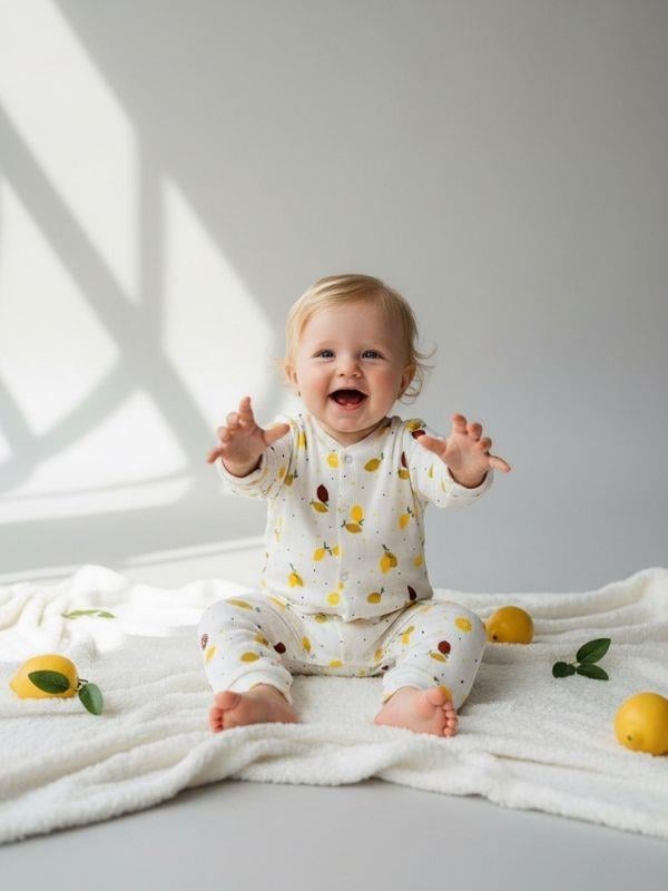 Kız Bebek Pamuklu Limon Desenli Şapkalı Patiksiz Tulum