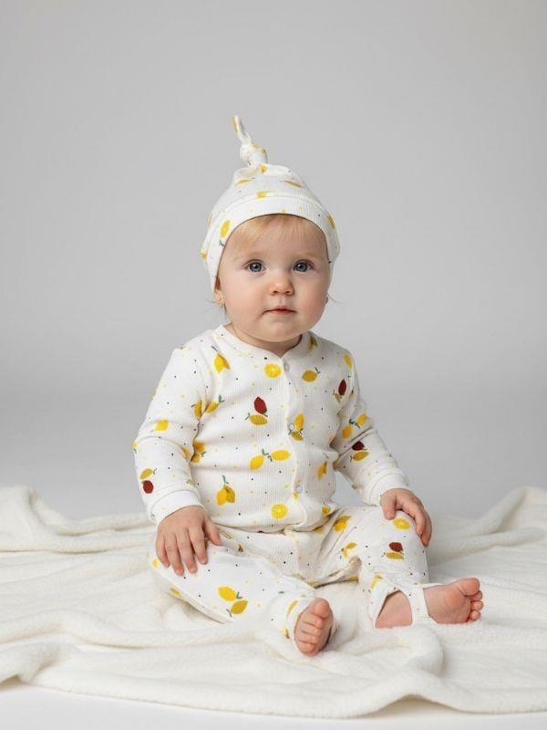 Kız Bebek Pamuklu Limon Desenli Şapkalı Patiksiz Tulum
