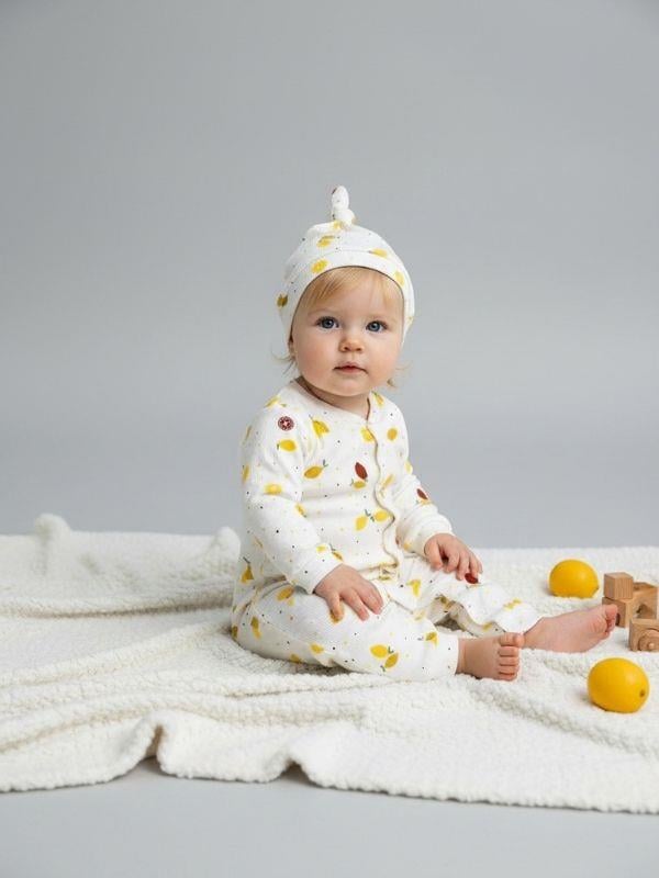 Kız Bebek Pamuklu Limon Desenli Şapkalı Patiksiz Tulum