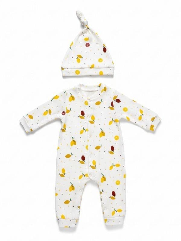 Kız Bebek Pamuklu Limon Desenli Şapkalı Patiksiz Tulum
