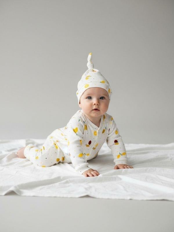 Kız Bebek Pamuklu Limon Desenli Şapkalı Patiksiz Tulum