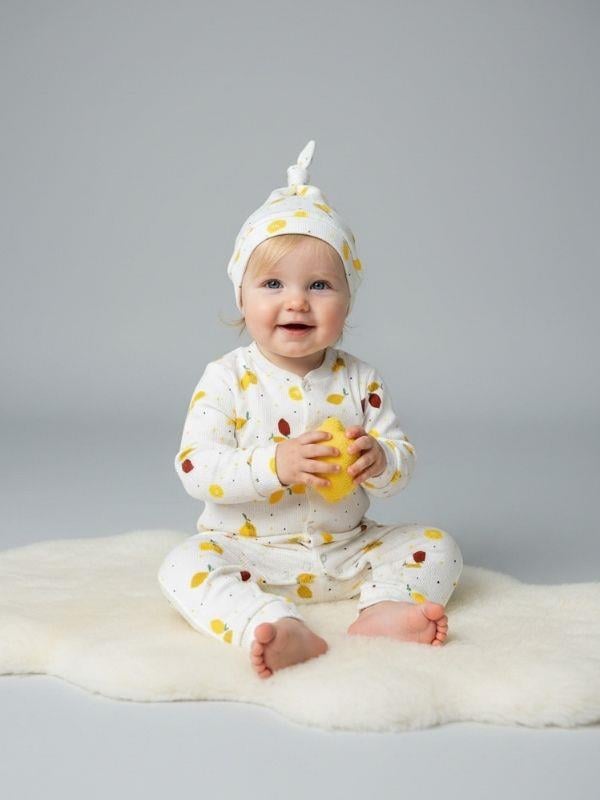 Kız Bebek Pamuklu Limon Desenli Şapkalı Patiksiz Tulum