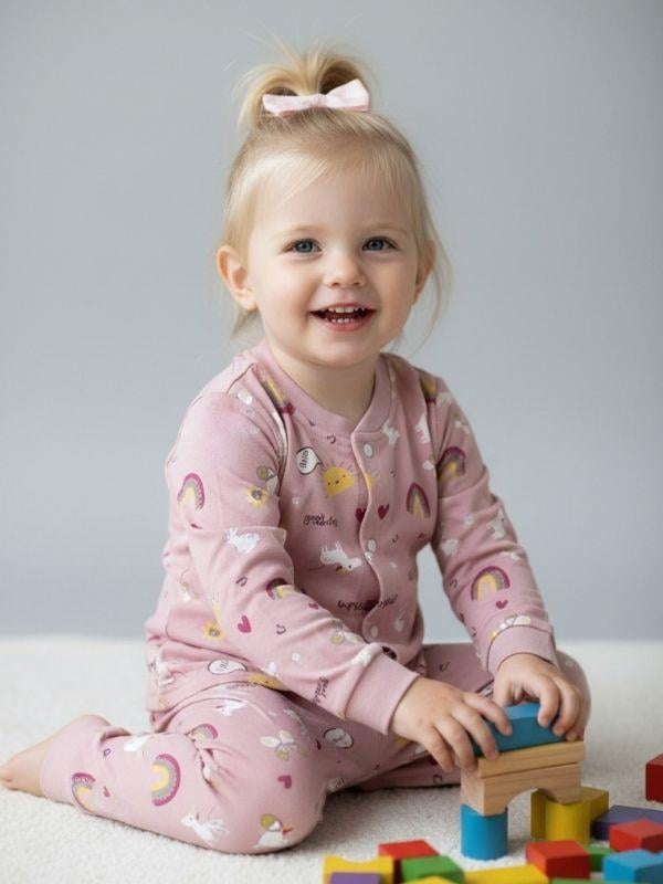 Kız Bebek Pamuklu Önü Çıtçıtlı Desenli Pijama Takımı