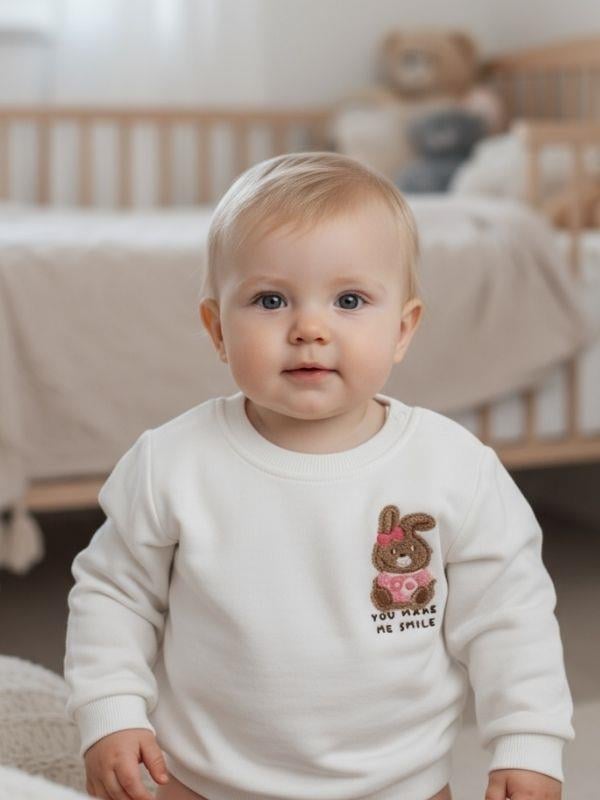 Kız Bebek Pamuklu Punch Tavşan Nakışlı Sweatshirt