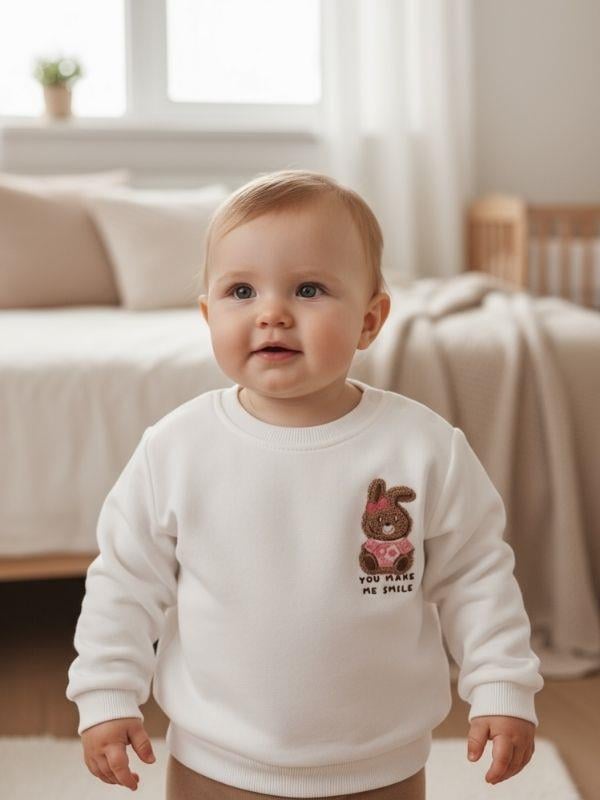 Kız Bebek Pamuklu Punch Tavşan Nakışlı Sweatshirt