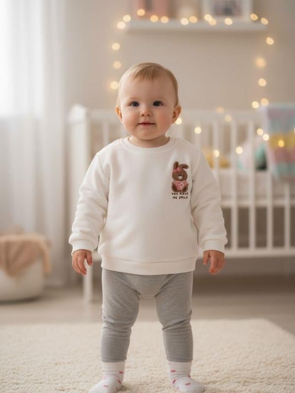 Kız Bebek Pamuklu Punch Tavşan Nakışlı Sweatshirt