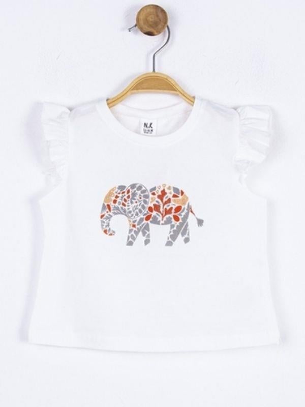 Kız Bebek Pamuklu Taşlı Fil Baskılı Tshirt