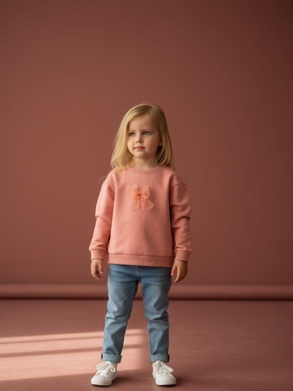 Kız Bebek Pamuklu Taşlı Fiyonk Detaylı Oversize Tasarım Sweatshirt