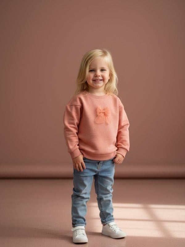 Kız Bebek Pamuklu Taşlı Fiyonk Detaylı Oversize Tasarım Sweatshirt