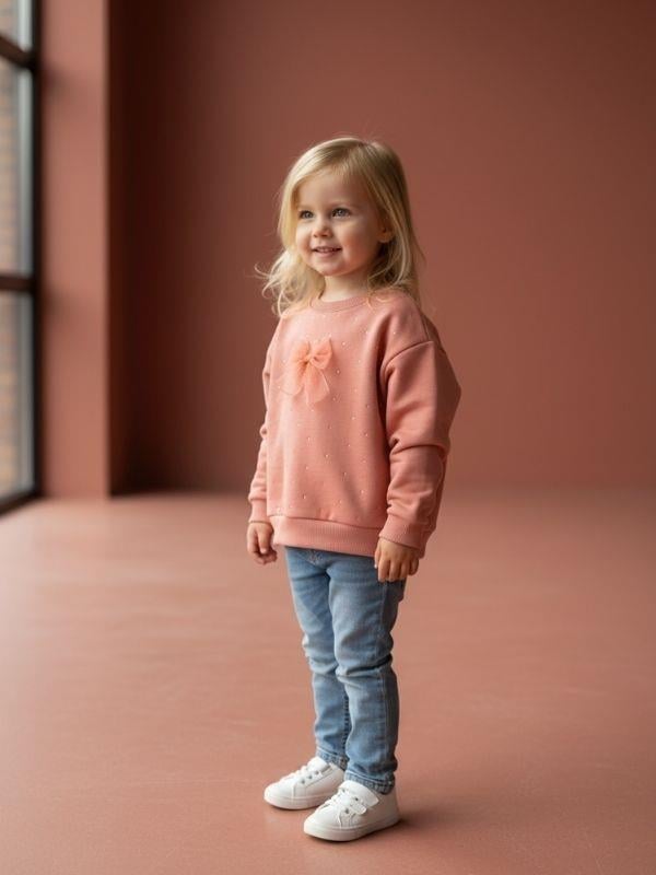 Kız Bebek Pamuklu Taşlı Fiyonk Detaylı Oversize Tasarım Sweatshirt