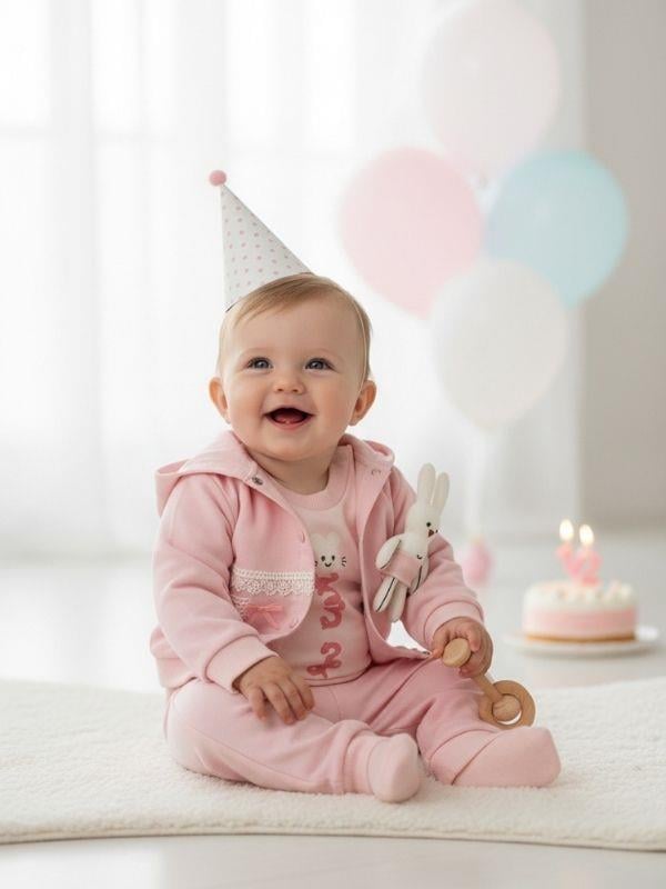 Kız Bebek Pamuklu Tavşan Oyuncaklı Üçlü Hırkalı Eşofman Takımı