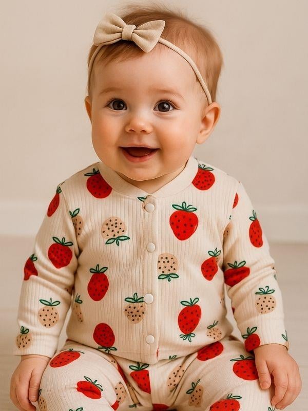 Kız Bebek Pamuku Çilek Desenli Pijama Takımı