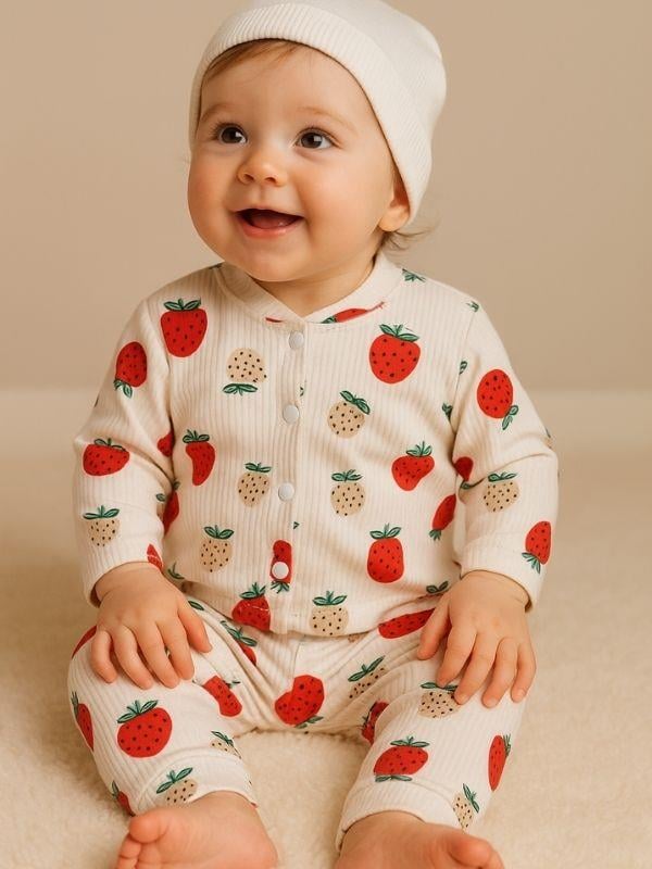 Kız Bebek Pamuku Çilek Desenli Pijama Takımı