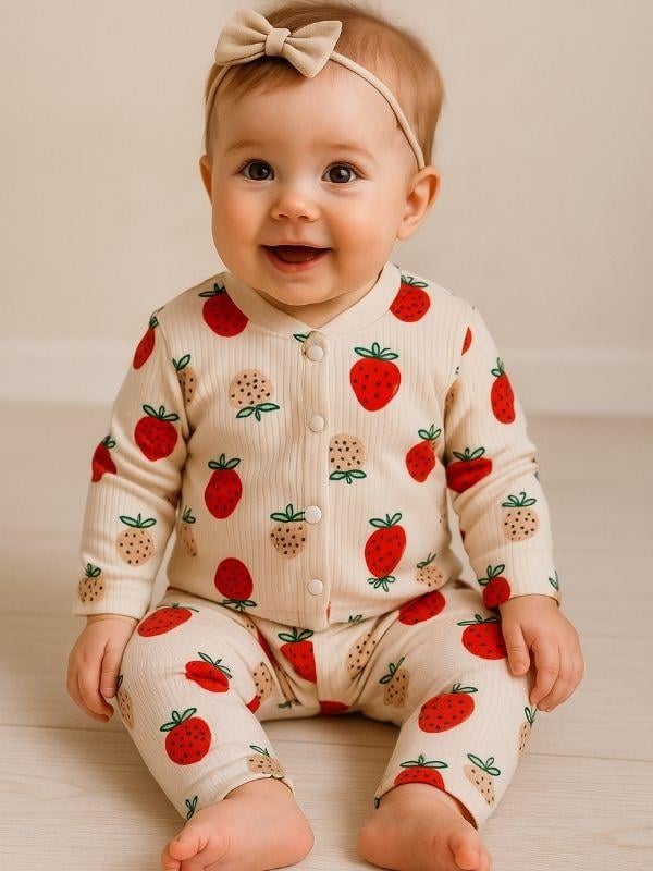Kız Bebek Pamuku Çilek Desenli Pijama Takımı