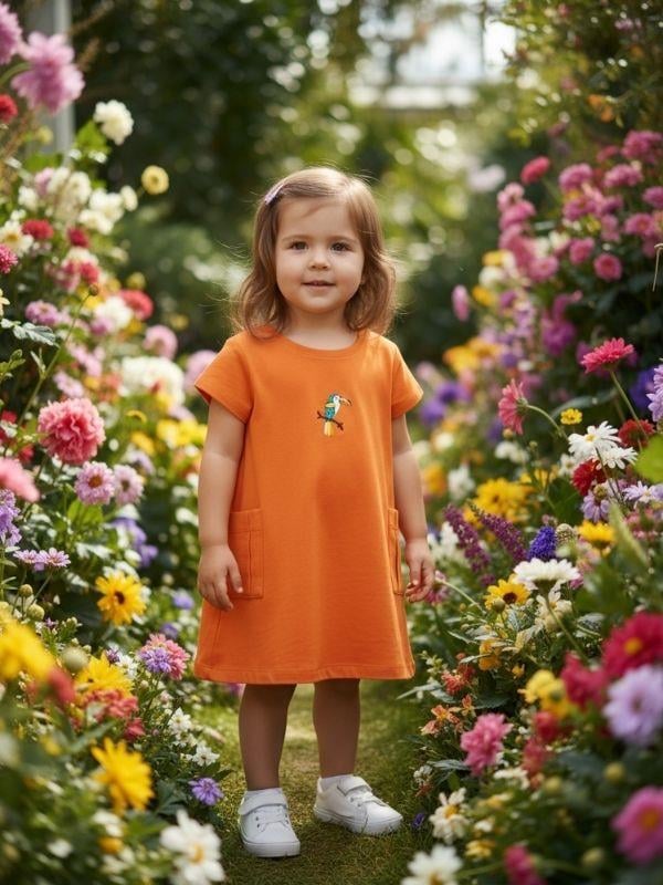 Kız Bebek Papağan Desenli Pamuklu Elbise