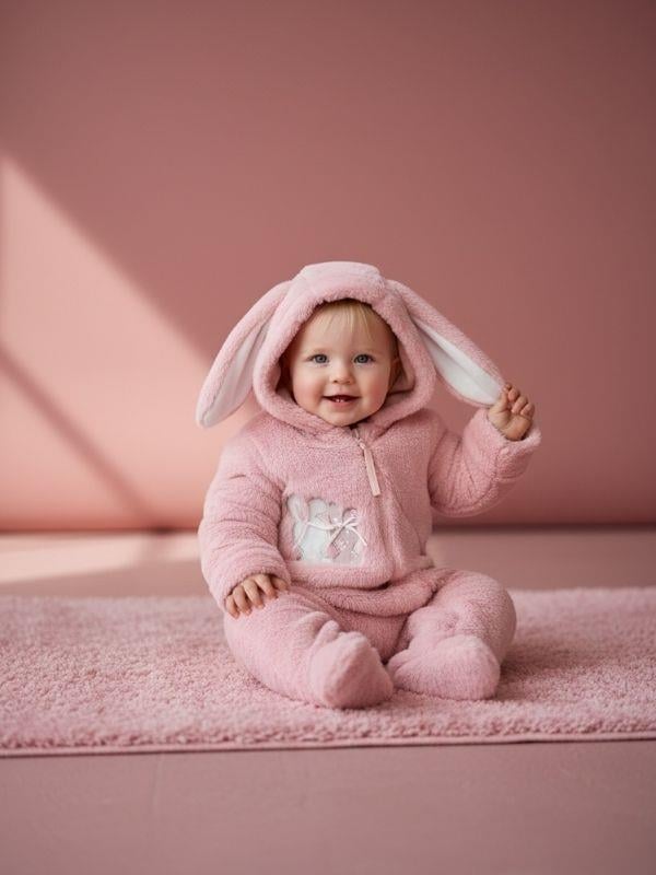 Kız Bebek Peluş Kapüşonu Kulak Detaylı Tulum