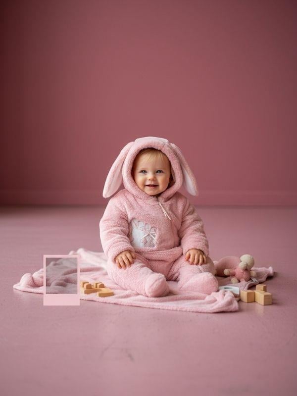 Kız Bebek Peluş Kapüşonu Kulak Detaylı Tulum