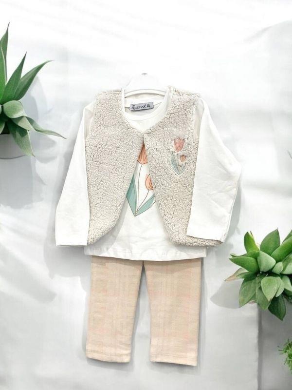 Kız Bebek Peluş Yelekli 3 lü Pantolonlu Takım