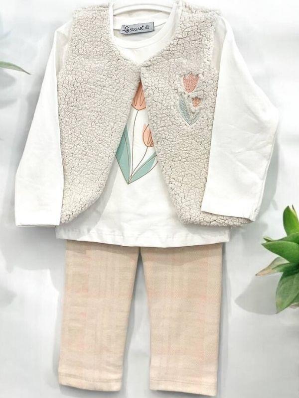 Kız Bebek Peluş Yelekli 3 lü Pantolonlu Takım