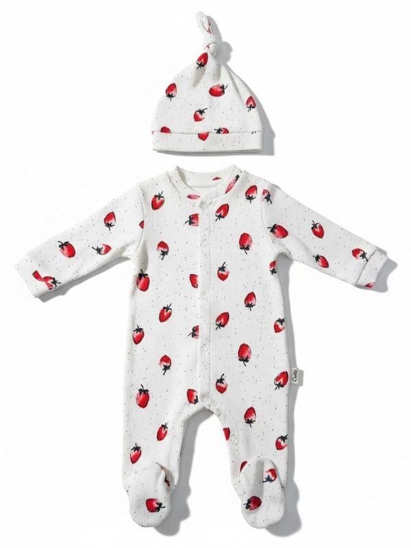Kız Bebek Şapkalı Pamuklu Çilek Desenli Patikli Tulum
