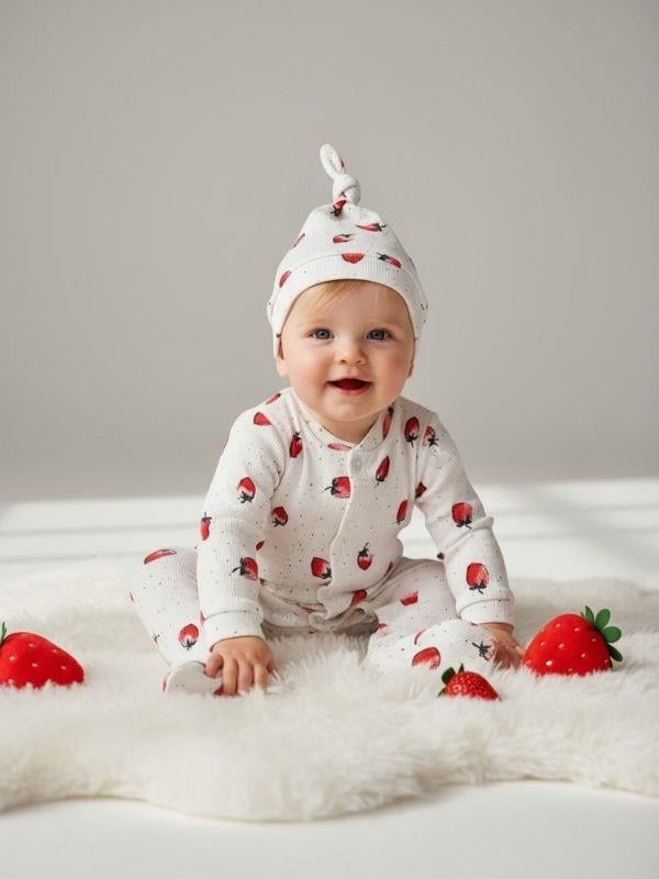 Kız Bebek Şapkalı Pamuklu Çilek Desenli Patikli Tulum
