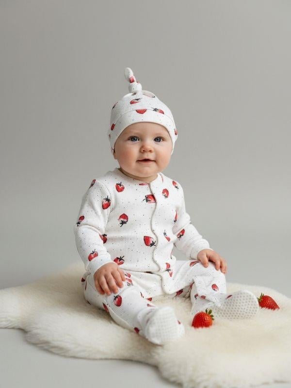 Kız Bebek Şapkalı Pamuklu Çilek Desenli Patikli Tulum