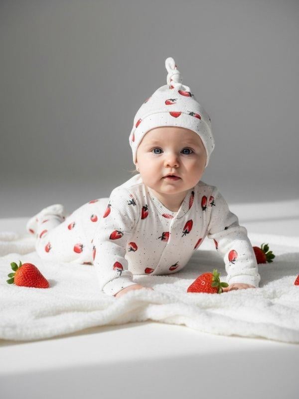 Kız Bebek Şapkalı Pamuklu Çilek Desenli Patikli Tulum