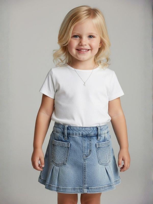 Kız Bebek Taşlı Cepli Pileli Jean Etek