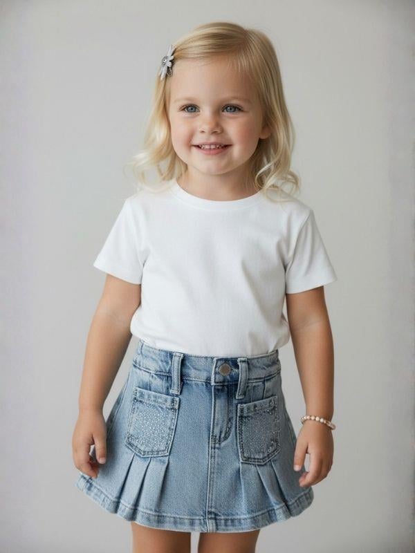 Kız Bebek Taşlı Cepli Pileli Jean Etek