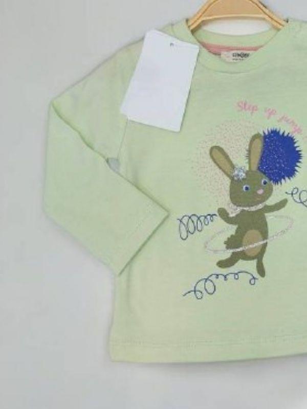 Kız Bebek Tavşan Baskılı Pamuklu İnce Uzun Kollu Bluz