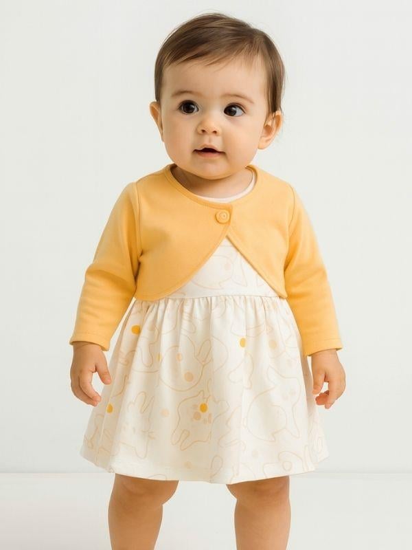 Kız Bebek Tavşan Desenli Organik Elbise ve Hırka Takımı