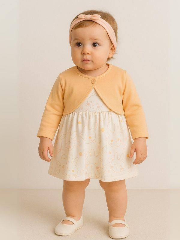 Kız Bebek Tavşan Desenli Organik Elbise ve Hırka Takımı