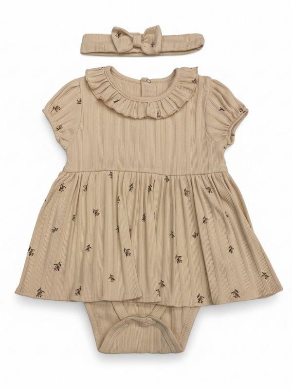 Kız Bebek Yaprak Desenli Bandanalı Çıtçıt Detaylı Elbise