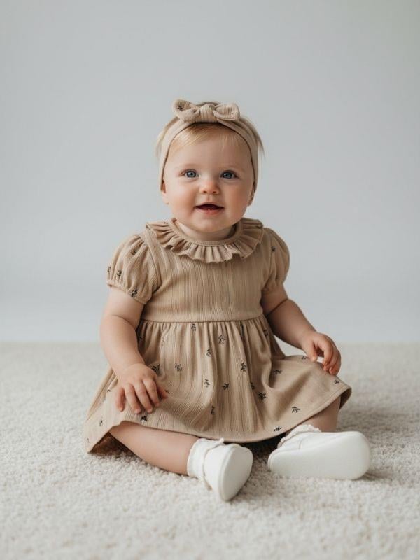 Kız Bebek Yaprak Desenli Bandanalı Çıtçıt Detaylı Elbise