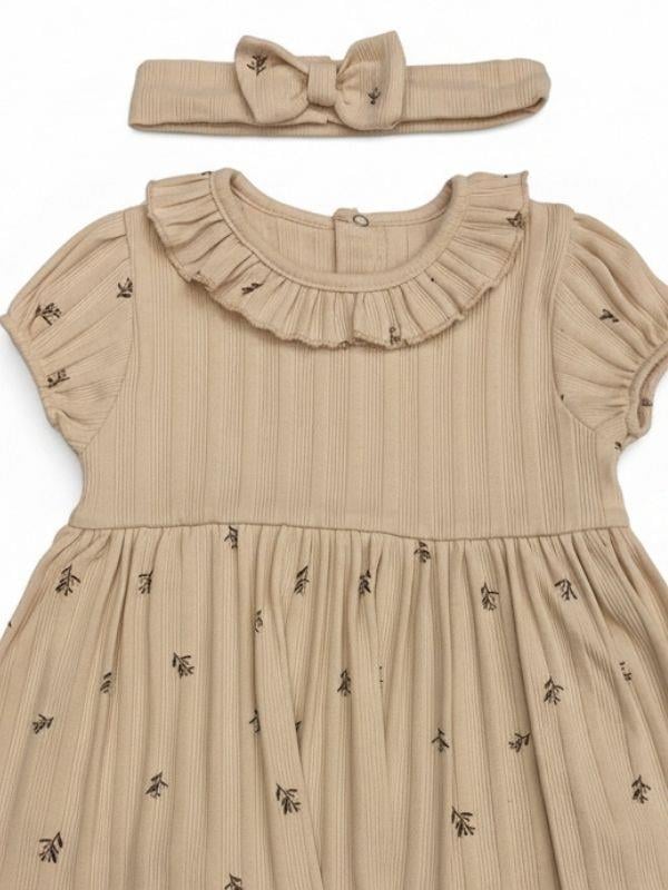 Kız Bebek Yaprak Desenli Bandanalı Çıtçıt Detaylı Elbise