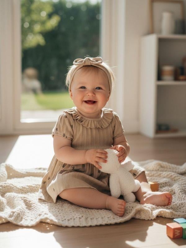 Kız Bebek Yaprak Desenli Bandanalı Çıtçıt Detaylı Elbise