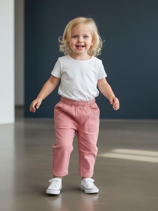 Kız Bebek yumuaşk Dokulu Cep Detaylı Beli Lastikli Pantolon
