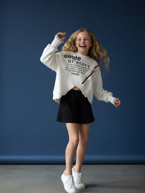 Kız Çocuk Asimetrik Kesim Güpür Detaylı Oversize Tasarım Sweatshirt