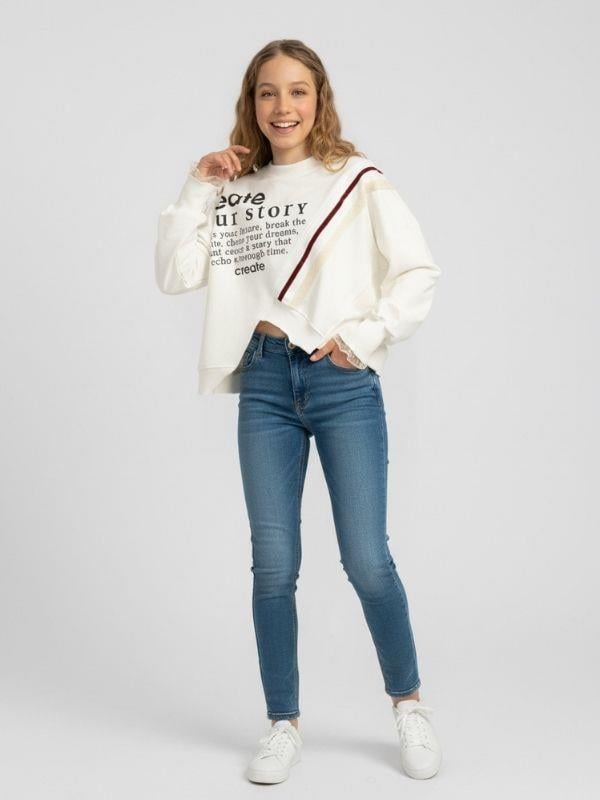 Kız Çocuk Asimetrik Kesim Güpür Detaylı Oversize Tasarım Sweatshirt