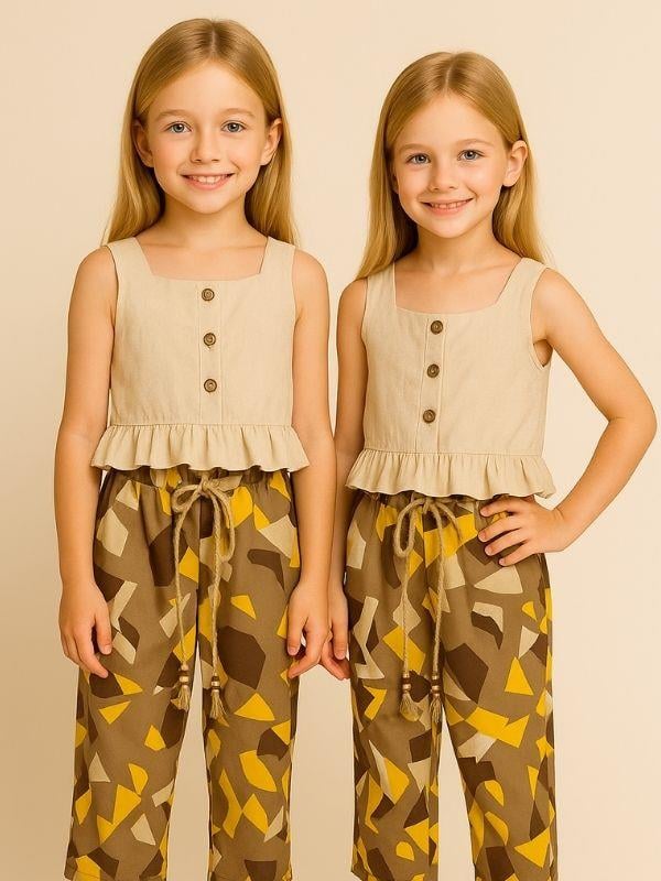 Kız Çocuk Askılı Bluz ve Geometrik Desenli Pantolonlu Takım