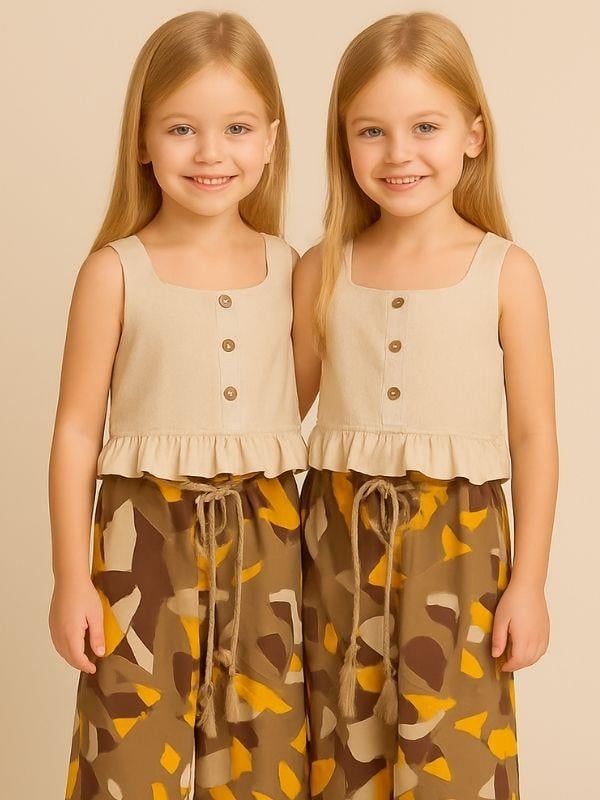 Kız Çocuk Askılı Bluz ve Geometrik Desenli Pantolonlu Takım