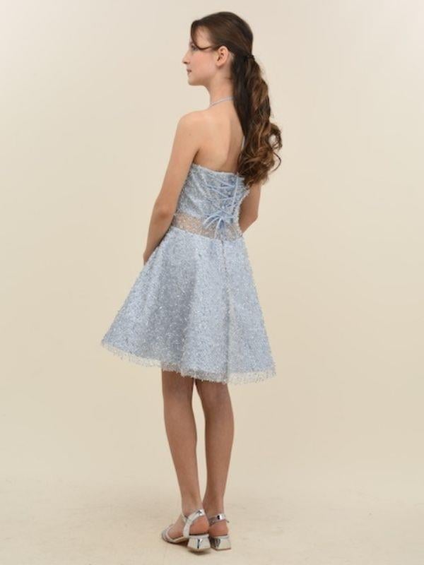 Kız Çocuk Askılı Boncuk İşlemeli Tül Detaylı Tasarım Abiye Elbise