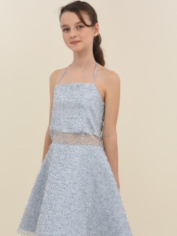 Kız Çocuk Askılı Boncuk İşlemeli Tül Detaylı Tasarım Abiye Elbise