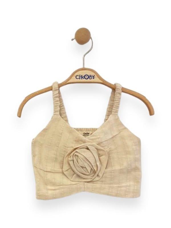 Kız Çocuk Askılı Gül Detaylı Bluz Şortlu Dokuma Takım