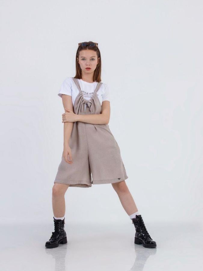 Kız Çocuk Askılı Kısa Tshirt ile Takım Keten Tulum